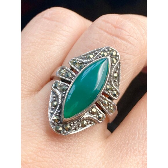 Vintage sterling silver green onyx marcasite Ring - Picture 1 of 7